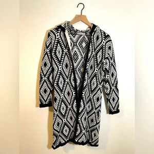 Misell Open Knit Hooded Cardigan Sweater Black/White Size S Wool Blend No Belt